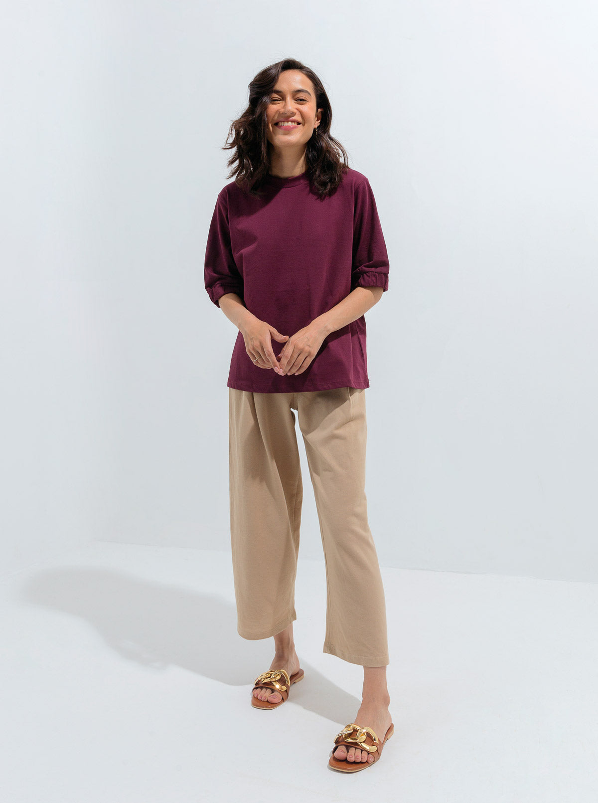 Beechtree - Maroon Gathered Sleeve T-shirt