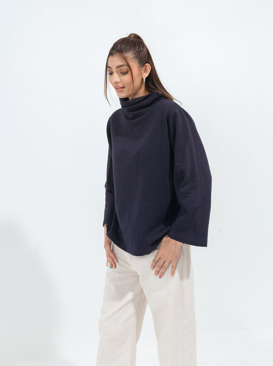 Beechtree - Navy Blue Pleated Sleeve Fleece Sweatshirt
