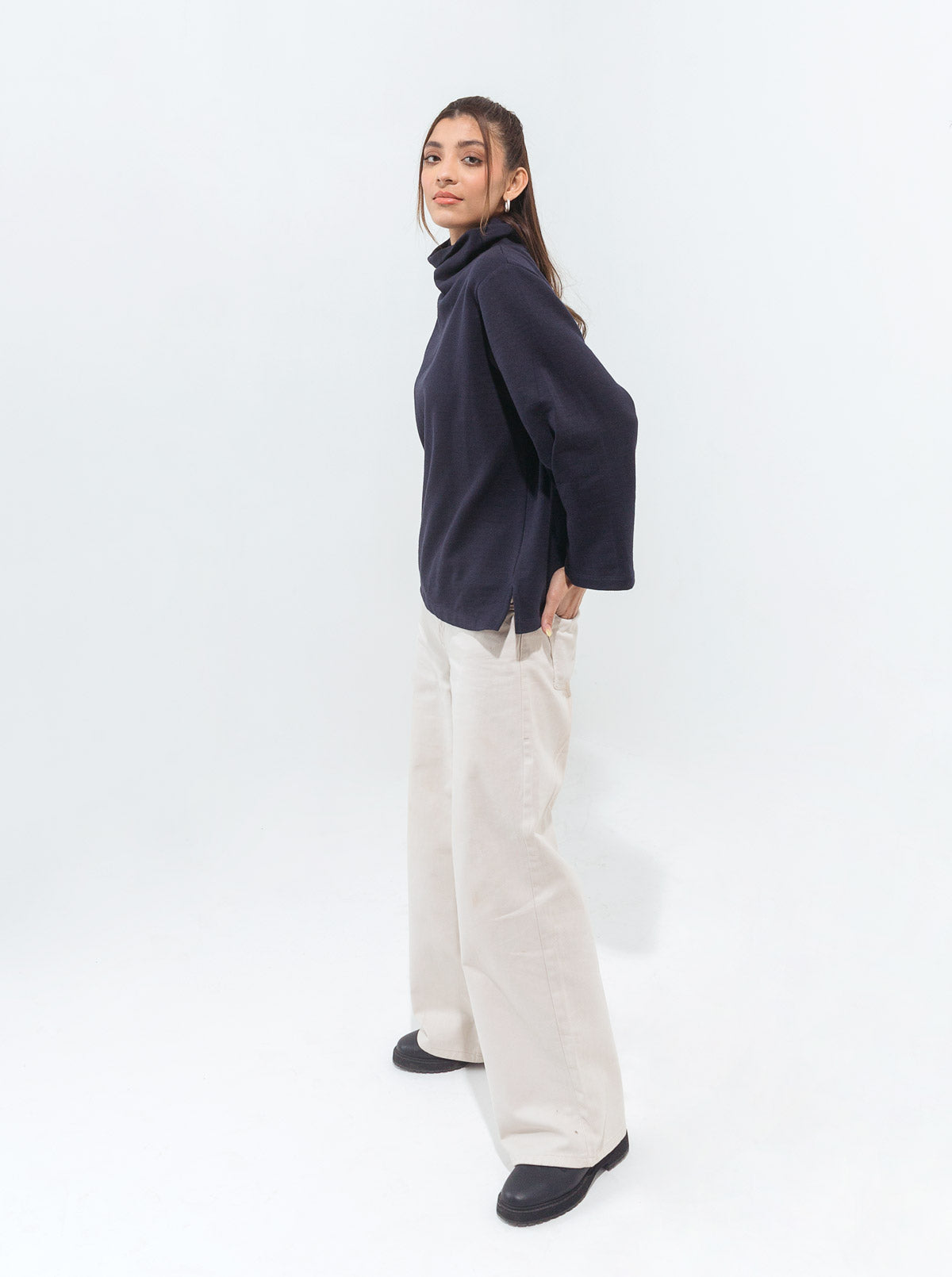 Beechtree - Navy Blue Pleated Sleeve Fleece Sweatshirt