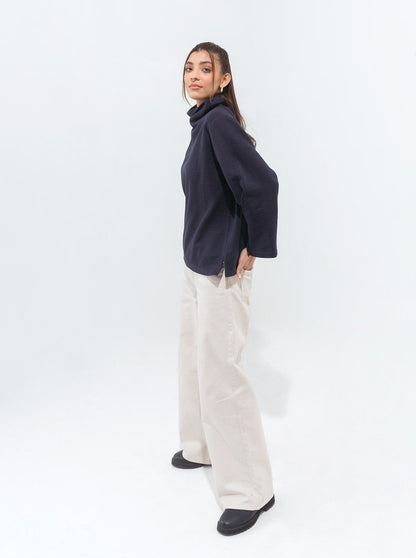 Beechtree - Navy Blue Pleated Sleeve Fleece Sweatshirt