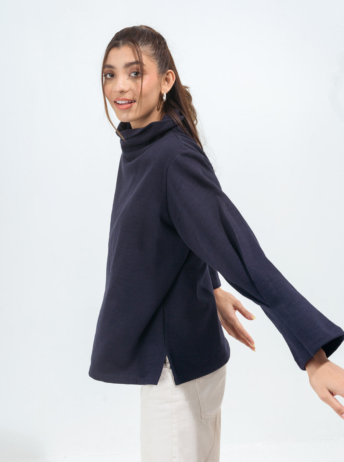 Beechtree - Navy Blue Pleated Sleeve Fleece Sweatshirt