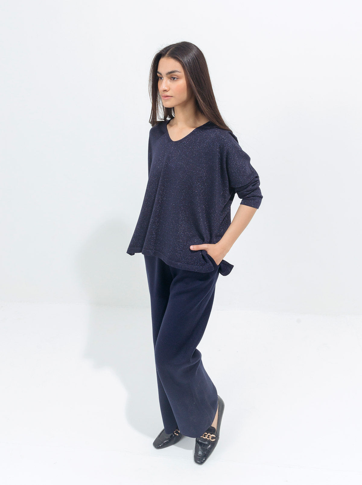 Beechtree - Navy Shimmer Fine Knit Top
