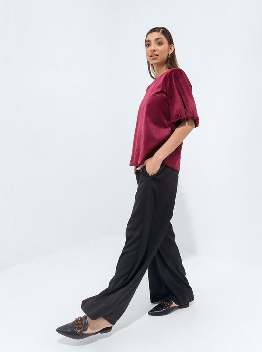 Beechtree - Maroon Puffed Sleeves Velour Top