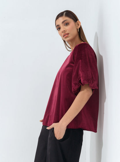 Beechtree - Maroon Puffed Sleeves Velour Top