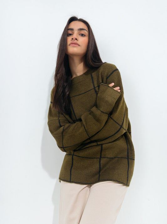 Beechtree - Olive Green Contrast Grid Pullover