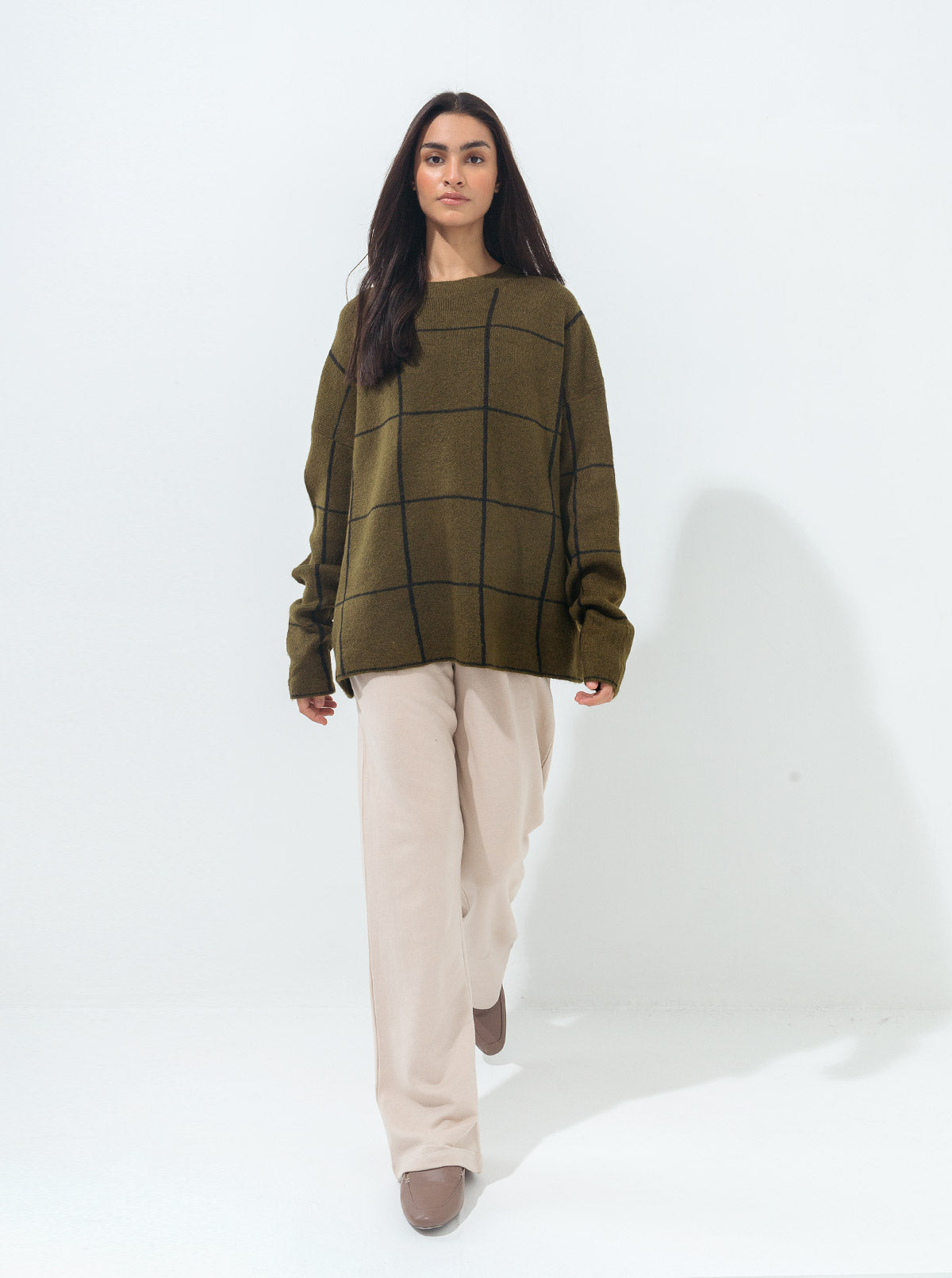 Beechtree - Olive Green Contrast Grid Pullover