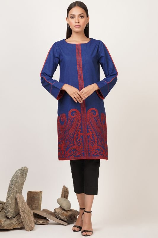 Dyed Embroidered Dobby Kurti