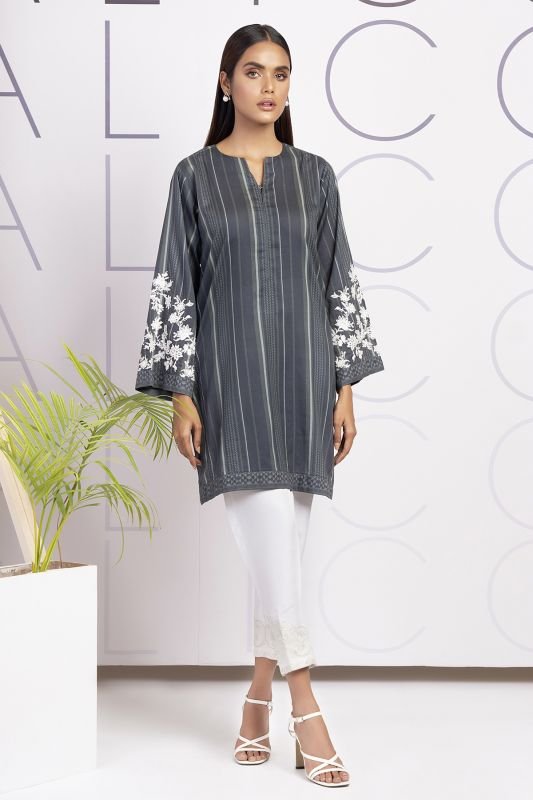 Dyed Embroidered Cotton Satin Kurti