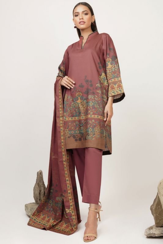 3 Pc Printed Cotton Satin Suit