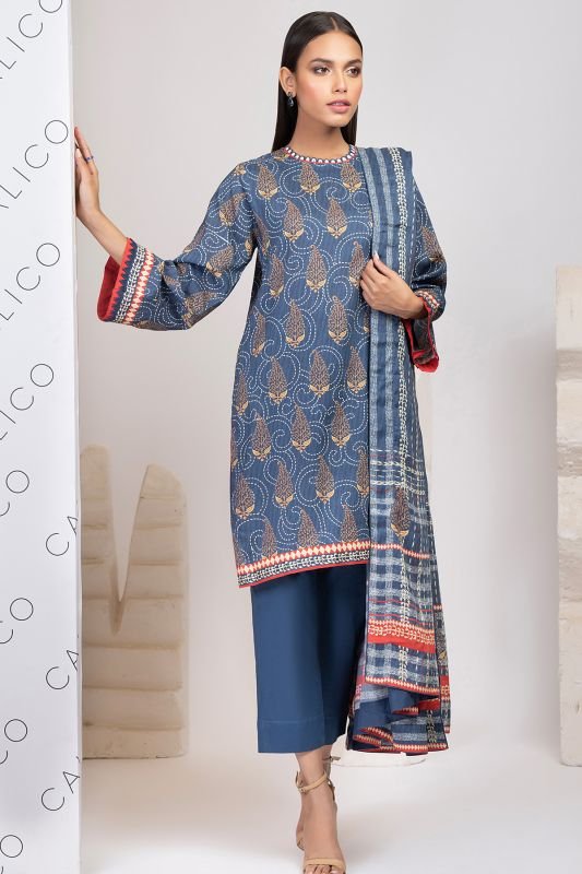 3 Pc Printed Cotton Satin Suit