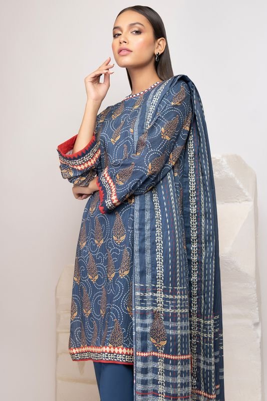 3 Pc Printed Cotton Satin Suit