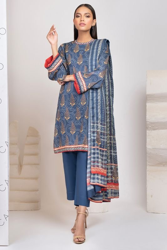 3 Pc Printed Cotton Satin Suit
