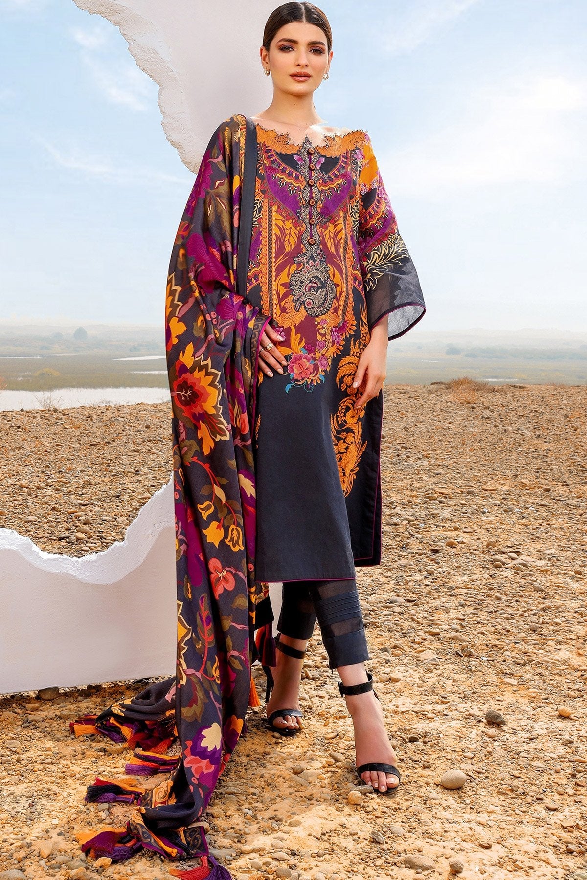 Alkaram - 3 Pc Embroidered Suit With Digital Silk Dupatta