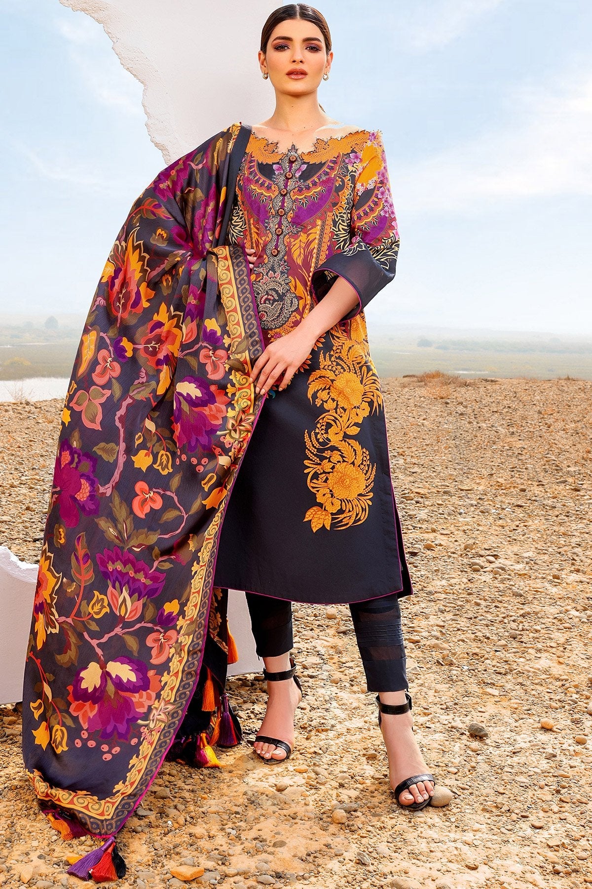 Alkaram - 3 Pc Embroidered Suit With Digital Silk Dupatta