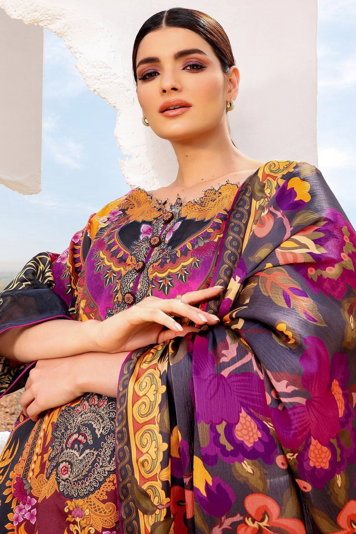 Alkaram - 3 Pc Embroidered Suit With Digital Silk Dupatta