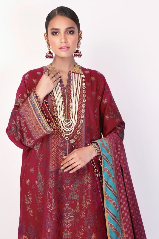 3 Pc Embroidered Jacquard Suit With Cotton Silk Dupatta