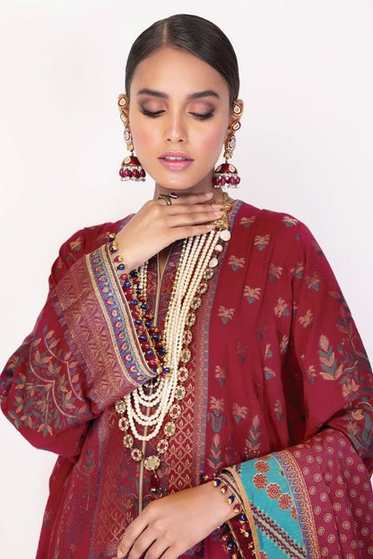 3 Pc Embroidered Jacquard Suit With Cotton Silk Dupatta