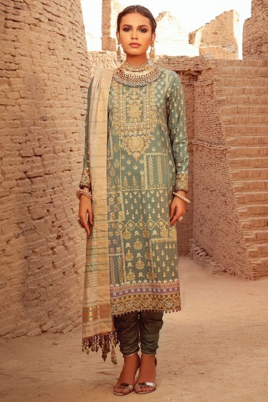 3 Pc Embroidered Suit With Jaqcuard Dupatta