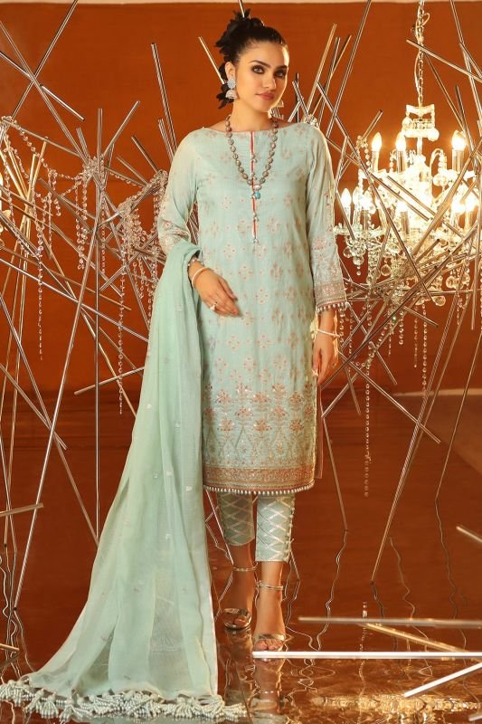 3 Piece Embroidered Suit With Jacquard Net Embroidered Dupatta