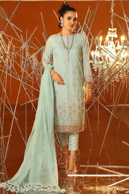 3 Piece Embroidered Suit With Jacquard Net Embroidered Dupatta