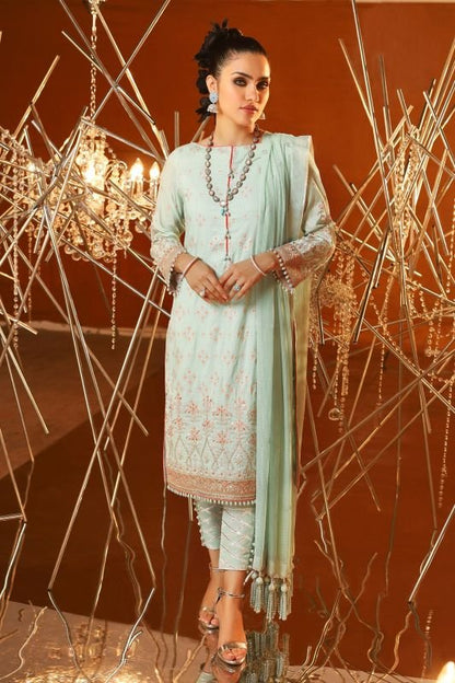 3 Piece Embroidered Suit With Jacquard Net Embroidered Dupatta
