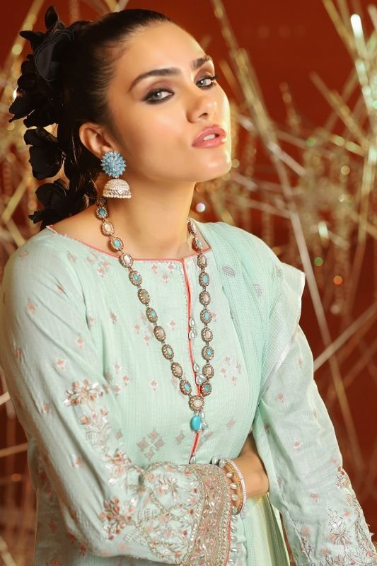 3 Piece Embroidered Suit With Jacquard Net Embroidered Dupatta