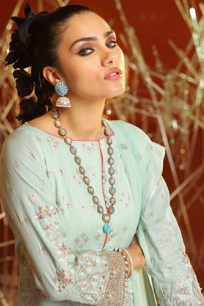 3 Piece Embroidered Suit With Jacquard Net Embroidered Dupatta