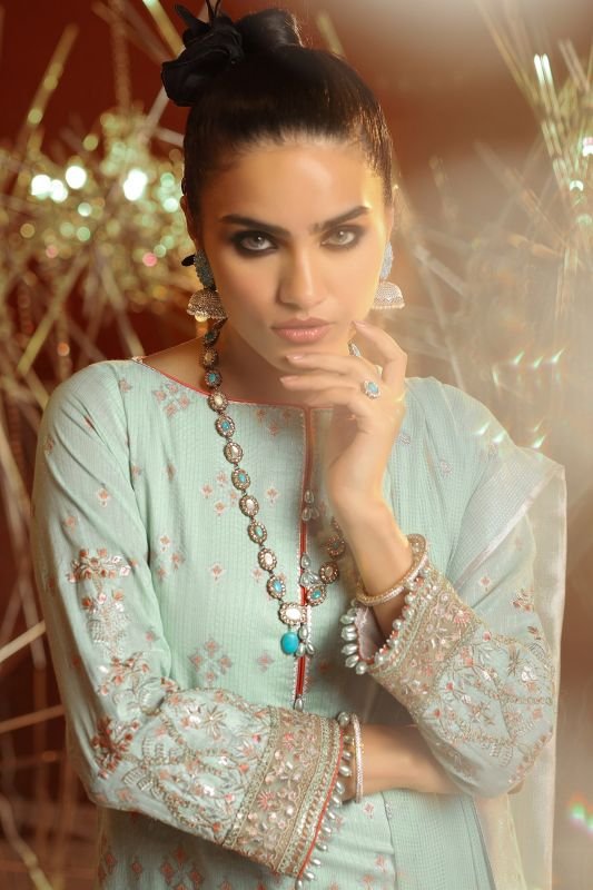 3 Piece Embroidered Suit With Jacquard Net Embroidered Dupatta