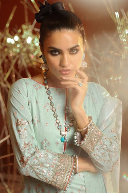 3 Piece Embroidered Suit With Jacquard Net Embroidered Dupatta