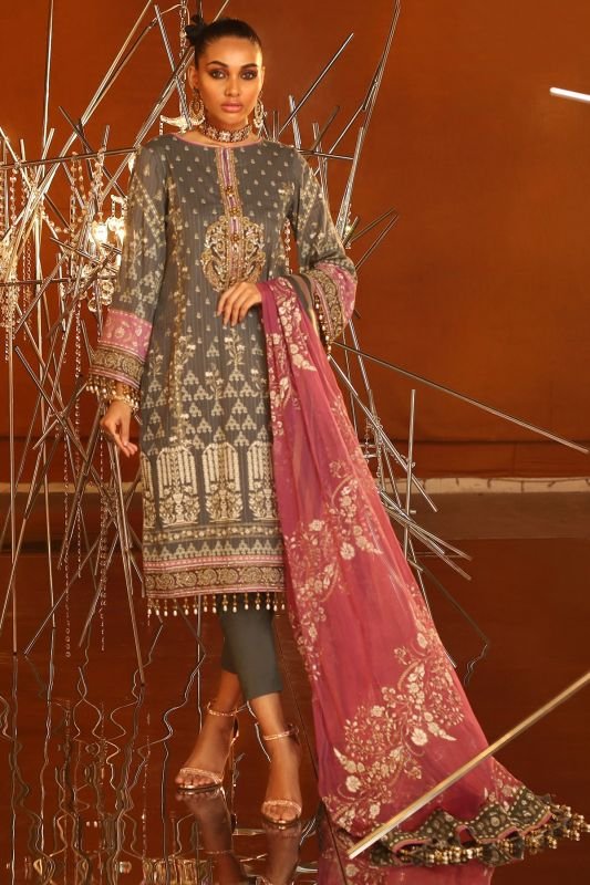 3 Piece Embroidered Suit With Printed Chiffon Dupatta