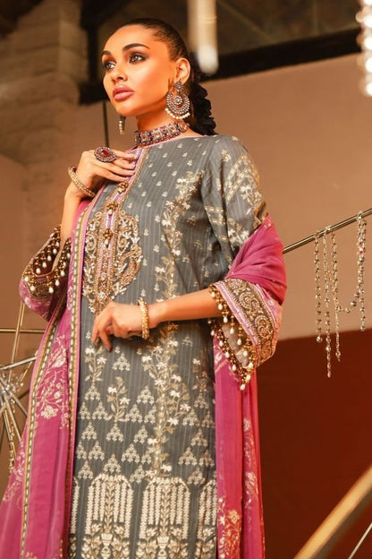 3 Piece Embroidered Suit With Printed Chiffon Dupatta