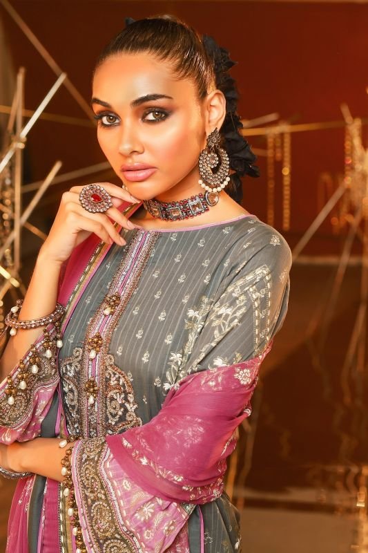 3 Piece Embroidered Suit With Printed Chiffon Dupatta
