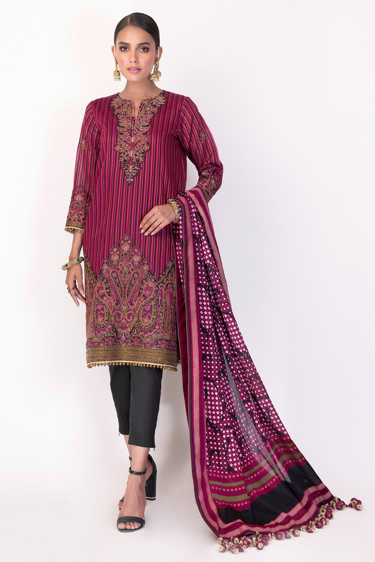 3 Pc Embroidered Suit With Cotton Silk Dupatta