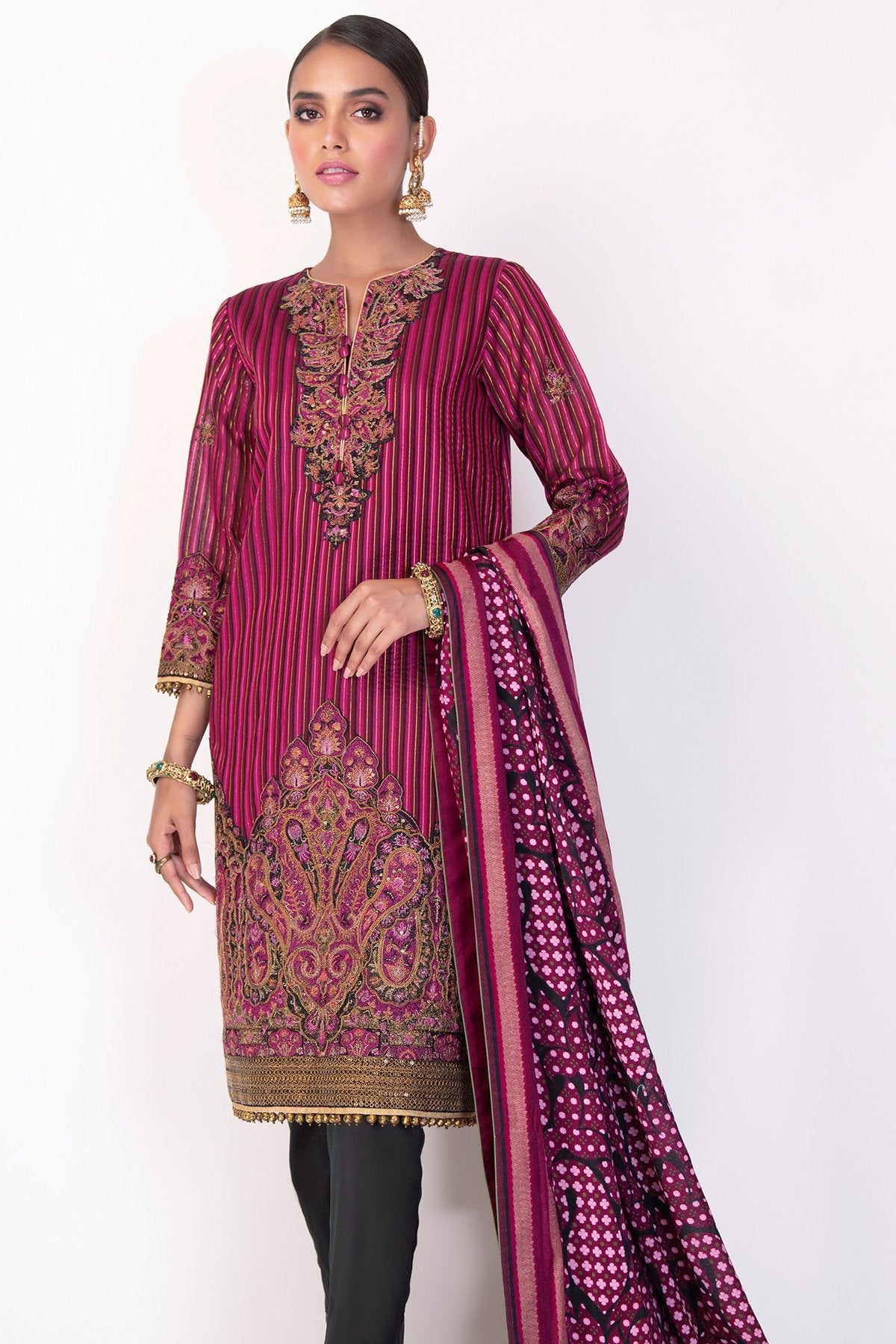 3 Pc Embroidered Suit With Cotton Silk Dupatta