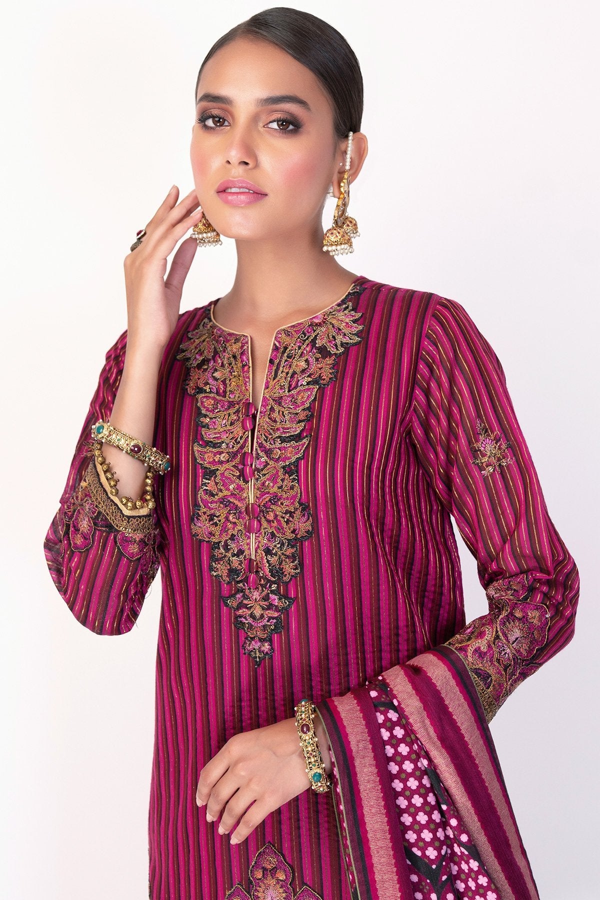 3 Pc Embroidered Suit With Cotton Silk Dupatta