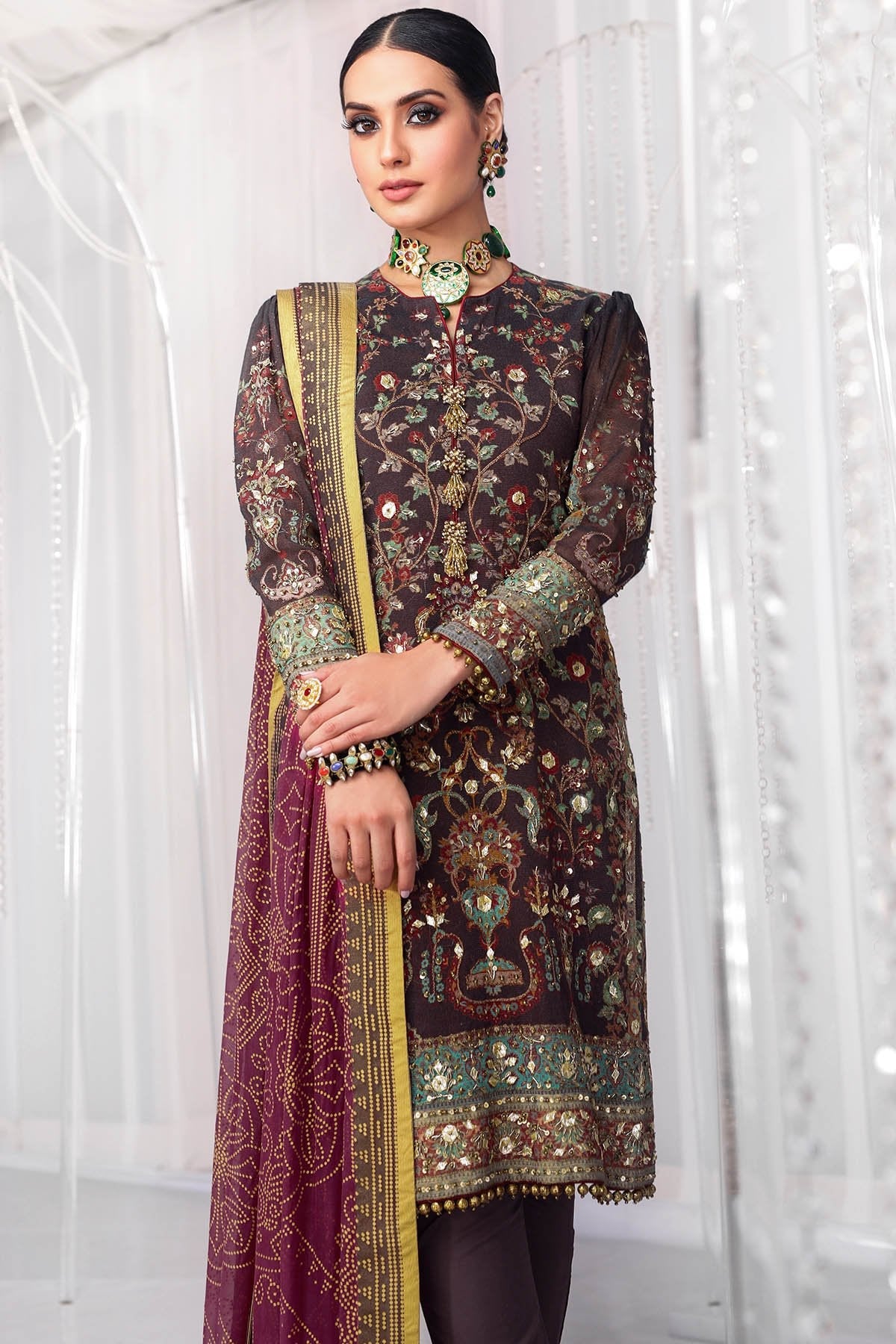 Alkaram - Three Piece Embroidered Cotton Net Shirt With Printed Silk Dupatta