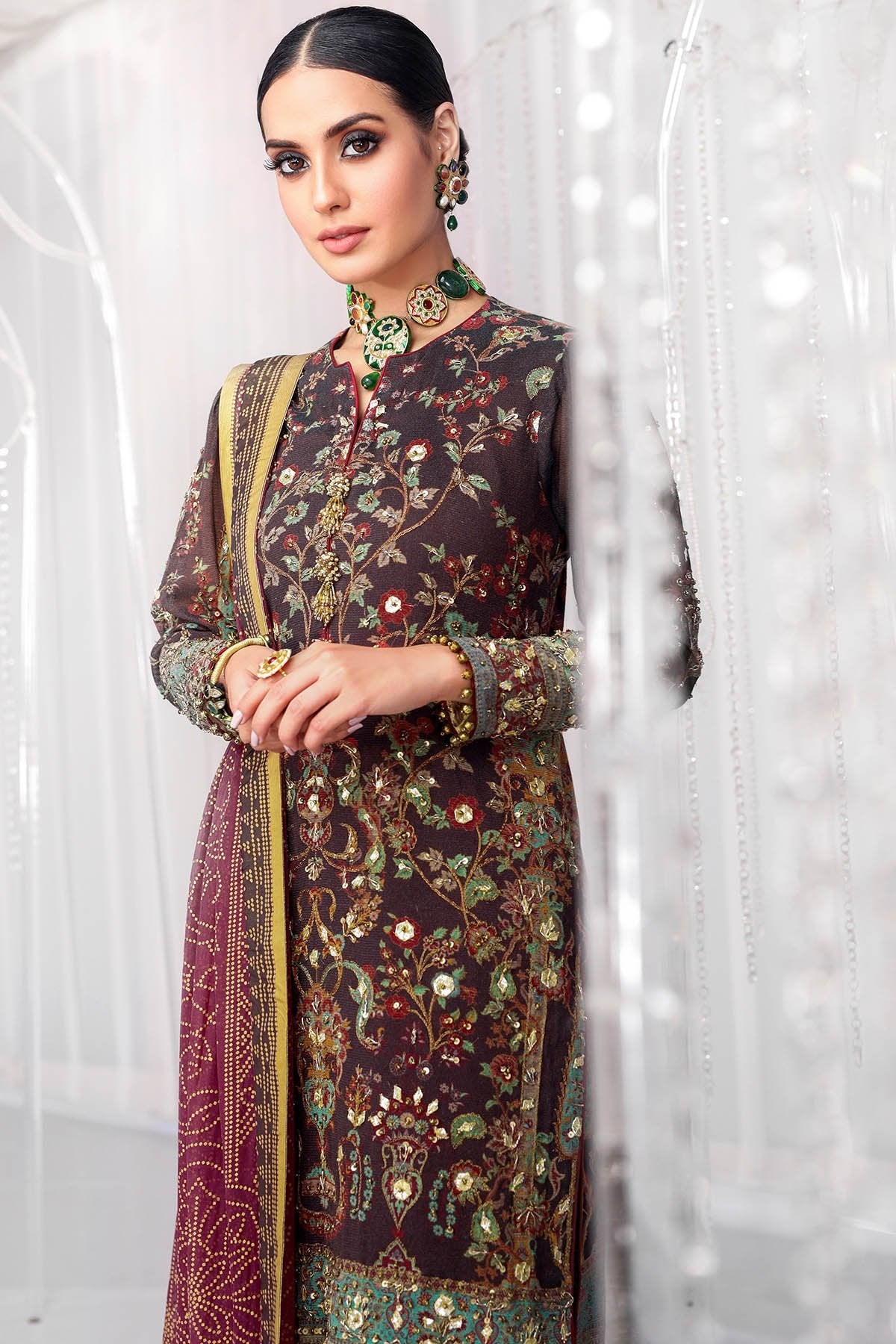 Alkaram - Three Piece Embroidered Cotton Net Shirt With Printed Silk Dupatta