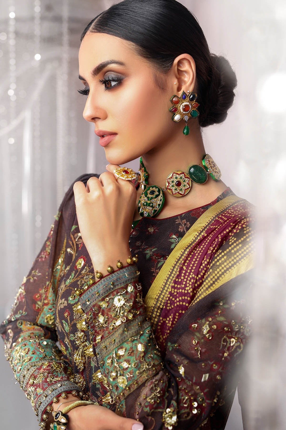 Alkaram - Three Piece Embroidered Cotton Net Shirt With Printed Silk Dupatta