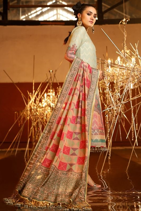 3 Piece Embroidered Suit With Digital Silk Dupatta