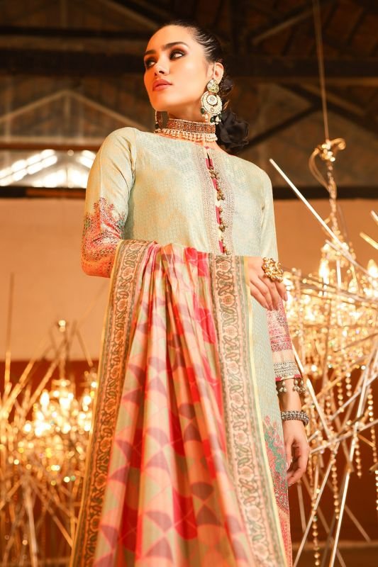 3 Piece Embroidered Suit With Digital Silk Dupatta