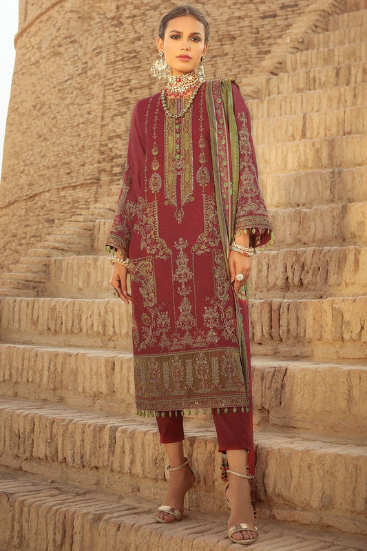 3 Pc Embroidered Suit With Chiffon Dupatta