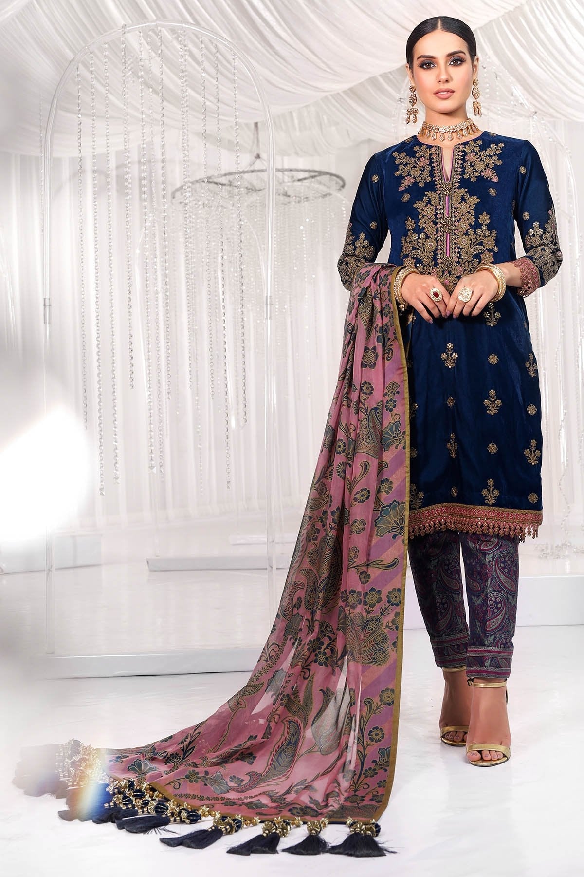 Alkaram - Two Piece Embroidered Velvet Shirt With Printed Silk Dupatta