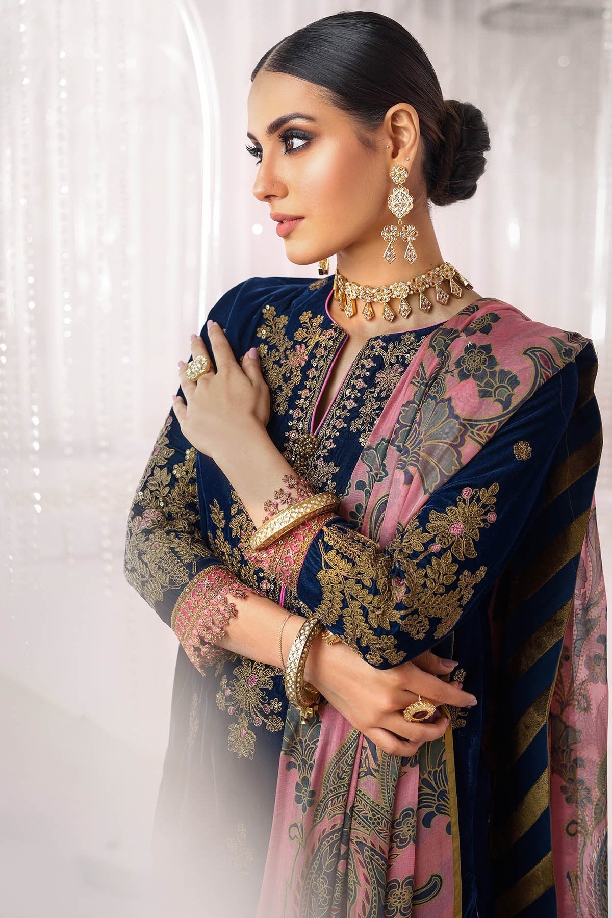 Alkaram - Two Piece Embroidered Velvet Shirt With Printed Silk Dupatta