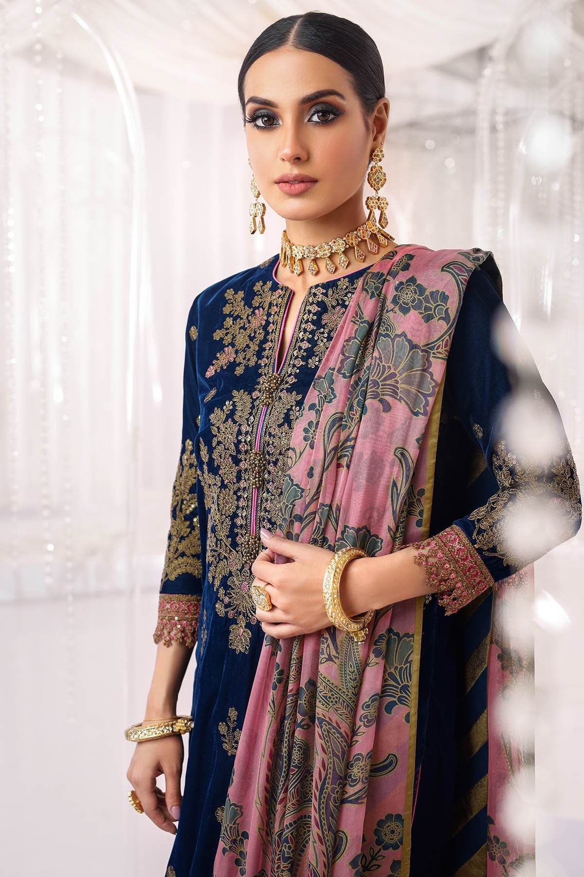 Alkaram - Two Piece Embroidered Velvet Shirt With Printed Silk Dupatta