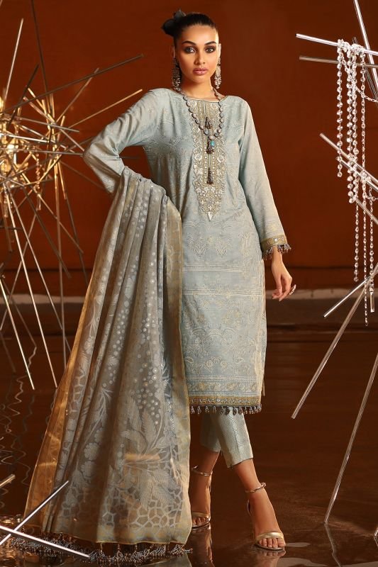 2 Piece Embroidered Suit With Burnout Dupatta