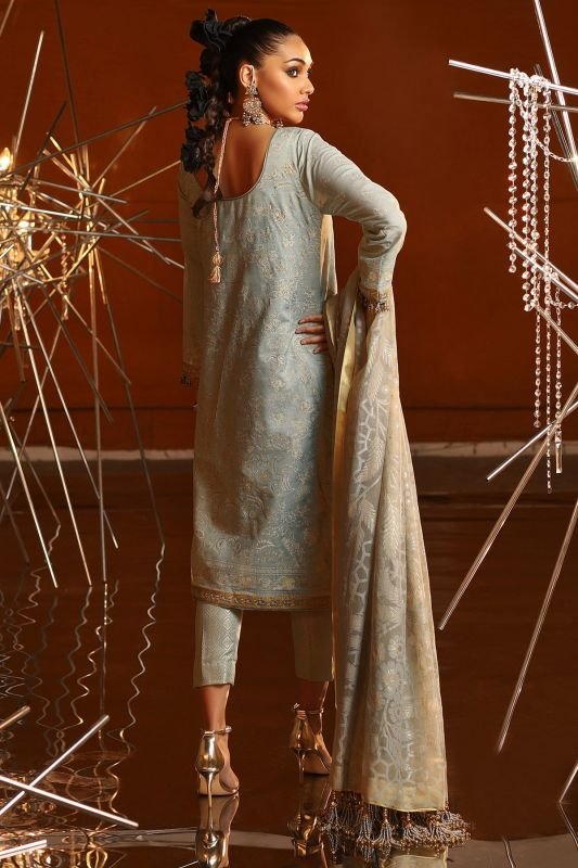 2 Piece Embroidered Suit With Burnout Dupatta