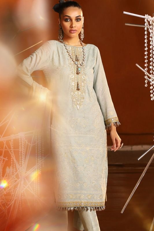 2 Piece Embroidered Suit With Printed Trouser