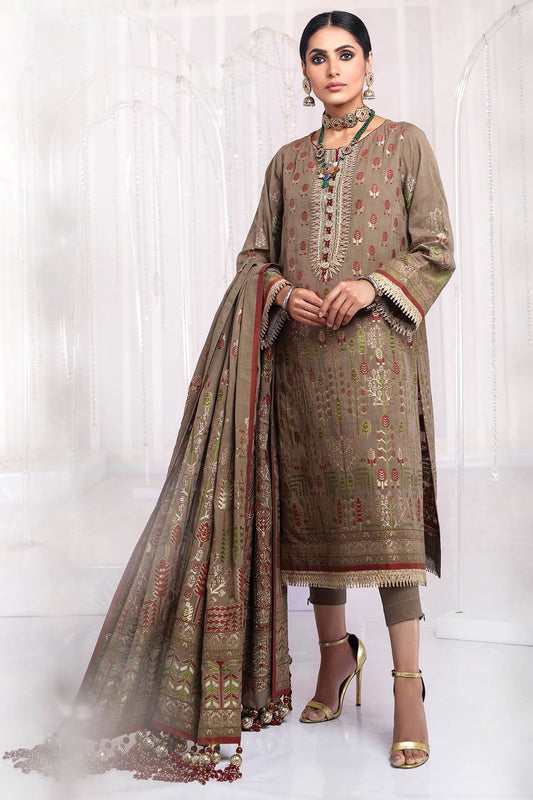 Three Piece Embroidered Jacquard Shirt With Jacquard Dupatta