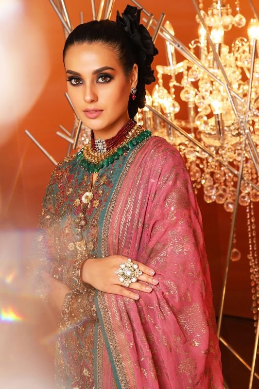 4 Pc Embroidered Suit With Printed Chiffon Dupatta