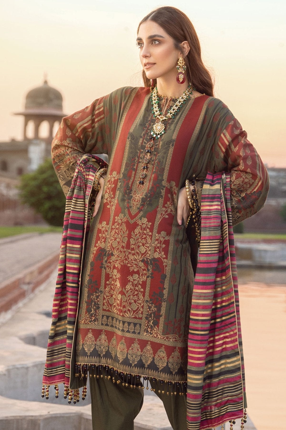 Alkaram - 3 Pc Printed Jacquard Suit With Cotton Silk Dupatta